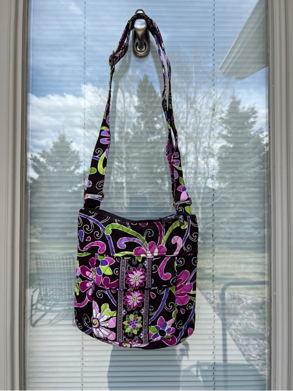 Vera Bradley Dark Brown Crossbody with Purple & Green Floral Pattern. - Picture 1 of 7